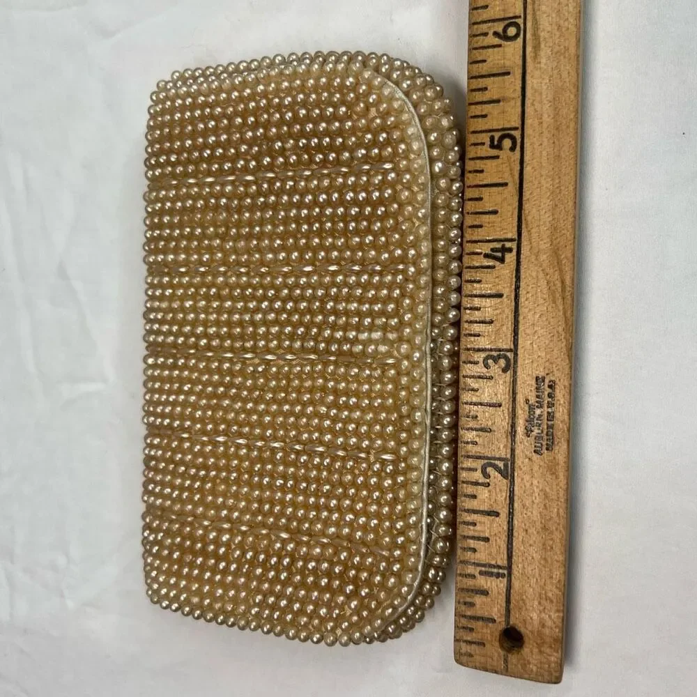 Vintage 50s Beaded Pearl Beaded Clutch Purse with Comb Japan Evening Bag‎